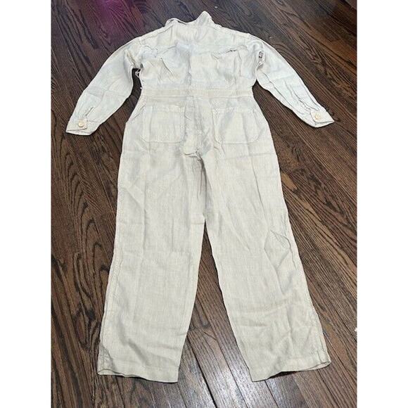 Mate The Label Linen Jumpsuit Long Sleeves Button Front Pockets Beige Small NEW - Picture 9 of 9